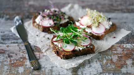 Healthy toast with microgreens and radishes. Diet food. Keto toast. Selective focus. Macro.