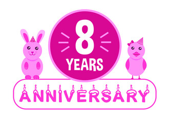 8st birthday. Eight years anniversary celebration banner with pink animals theme for kids.