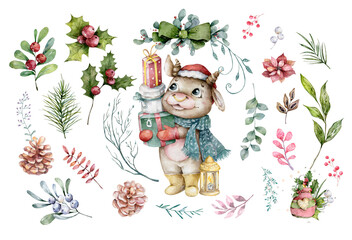 Cute Cartoon Bull in Santa with gift box. Hand drawn watercolor christmas set illustration. Chiness New Year symbol Nursery clip art