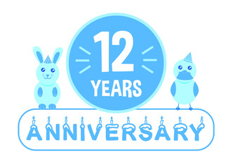 12th birthday. Twelve years anniversary celebration banner with blue theme for kids.