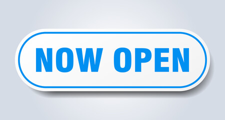 now open sign. rounded isolated button. white sticker
