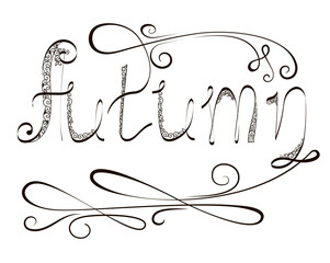 Lettering. The word Autumn is drawn in black with leaves and monograms. Isolated on a white background. Stock vector illustration.