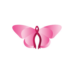 breast cancer ribbon and butterfly icon, flat style