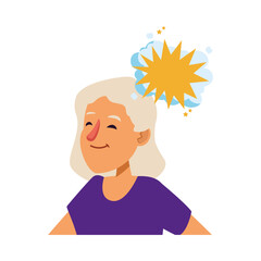 old woman with purple shirt and speech bubble