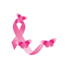 ribbon of breast cancer with butterflies, flat style