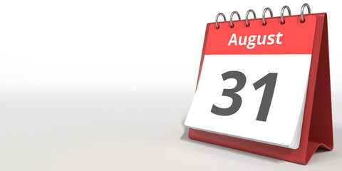 August 31 date on the flip calendar page, 3d rendering