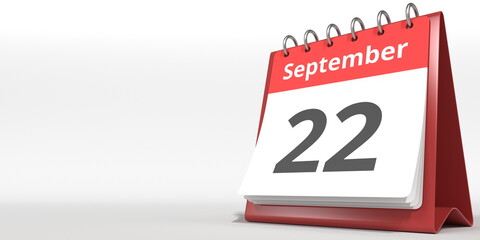 September 22 date on the flip calendar page, 3d rendering