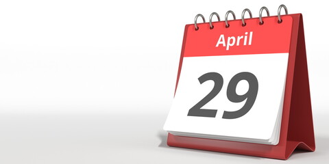 April 29 date on the flip calendar page, 3d rendering