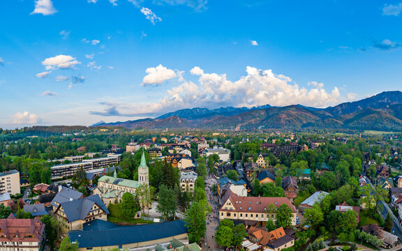 Aerial drone view on Zakopane cite center and Krupowki street.