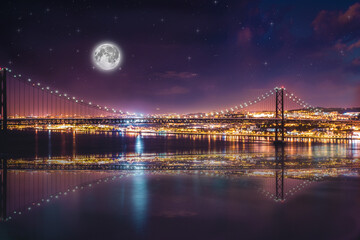 incredible night landscape with a big moon and a road bridge