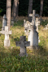 Old stone cross in cemetery. Old Ukrainian cemetery in Gorajec.
