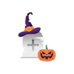 halloween grave and pumpkin with witch hat, colorful design