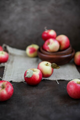 Lots of small apples in wooden bowls. Autumn harvest of fruits on a dark background.