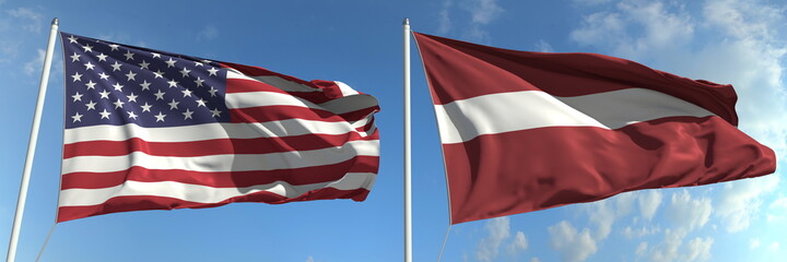 Fototapeta na wymiar Flying flags of the USA and Latvia on high flagpoles. 3d rendering