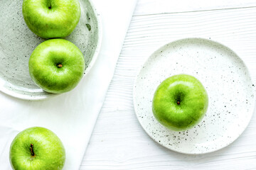 summer food with green apples on white background top view mock up