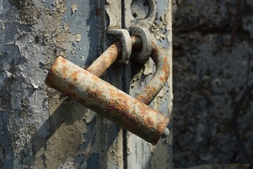 one old gray iron padlock in brown rust hanging on a metal door on the street