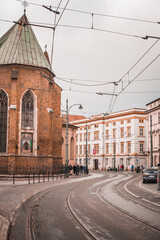 Obraz premium walk the streets of Poland. Railway in the middle of the city for trams