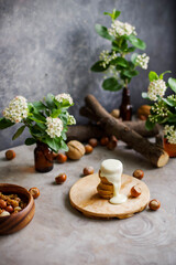 Still life with many jars of small white flowers. Scenery for subject shooting.