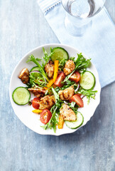 Healthy Salad with Chicken Breast, Cherry Tomatoes, Cucumber, Orange Pepper, Endive and Red Onion. Top view.