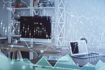 Double exposure of financial graph drawing and office interior background. Concept of stock market.