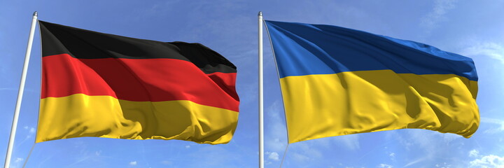 Flying flags of Germany and Ukraine on sky background, 3d rendering
