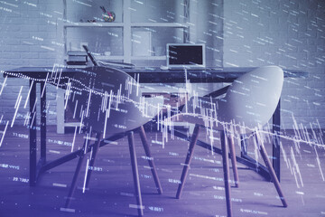 Multi exposure of financial graph drawing and office interior background. Concept of market analysis.