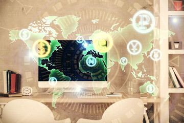 Multi exposure of stock market chart drawing and office interior background. Concept of financial analysis.