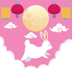 mid autumn festival celebration with rabbit and lanterns hanging