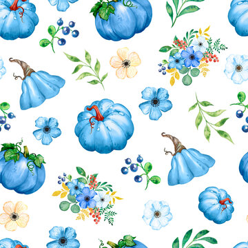 Watercolor background with blue pumpkins and flowers, autumn pattern, digital paper seamless