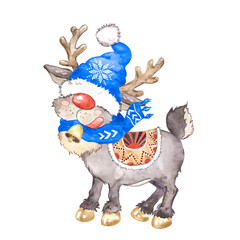 Watercolor illustration  christmas nordic deer, cartoon reindeer in a hat, new year deer