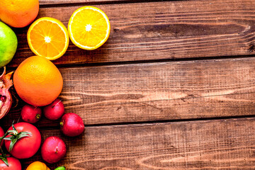 summer food with fresh fruits and vegetables top view space for text