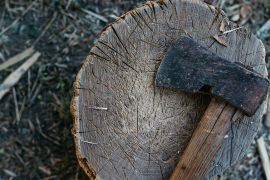 Old hatchet on a tree stump