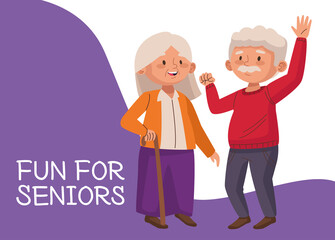 old couple with cane and lettering active seniors characters