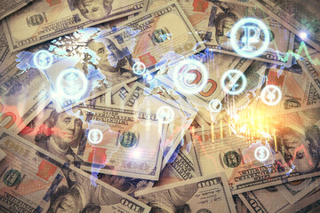 Multi exposure of forex chart drawing over us dollars bill background. Concept of financial success markets.