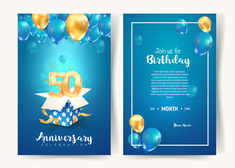 Celebration of 50 th years birthday vector invitation card. Fifty years anniversary celebration brochure. Template of invitational for print on blue background