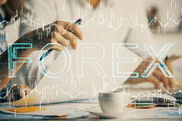 Double exposure of forex graph drawing over people taking notes background. Concept of financial analysis