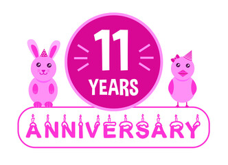 11st birthday. Eleven years anniversary celebration banner with pink animals theme for kids.