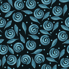 Fototapeta premium Blue autumn flowers, leaves and dots isolated on black background, seamless pattern. Boho watercolor roses in trendy earthy colors, tones. Botanical illustration for the fabric, covers, packaging. 