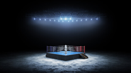 3D boxer arena. Isolated empty boxing ring with light. 3D rendering. Boxing ring with illuminated spotlights - obrazy, fototapety, plakaty