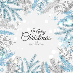 Merry Christmas greeting card with new years tree. Vector holiday illustration.