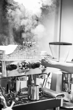 Making fresh espresso coffee in a machine