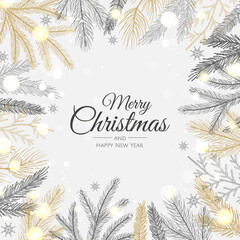 Obraz premium Merry Christmas and Happy New Year. Xmas background with Snowflakes, star and balls design.