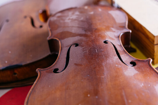 Violin body in a repair shop