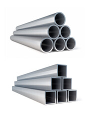 Piles of metallic pipes circle and square metal rollings. 3d rendered illustration. Isolated on white background. Clipping path included.