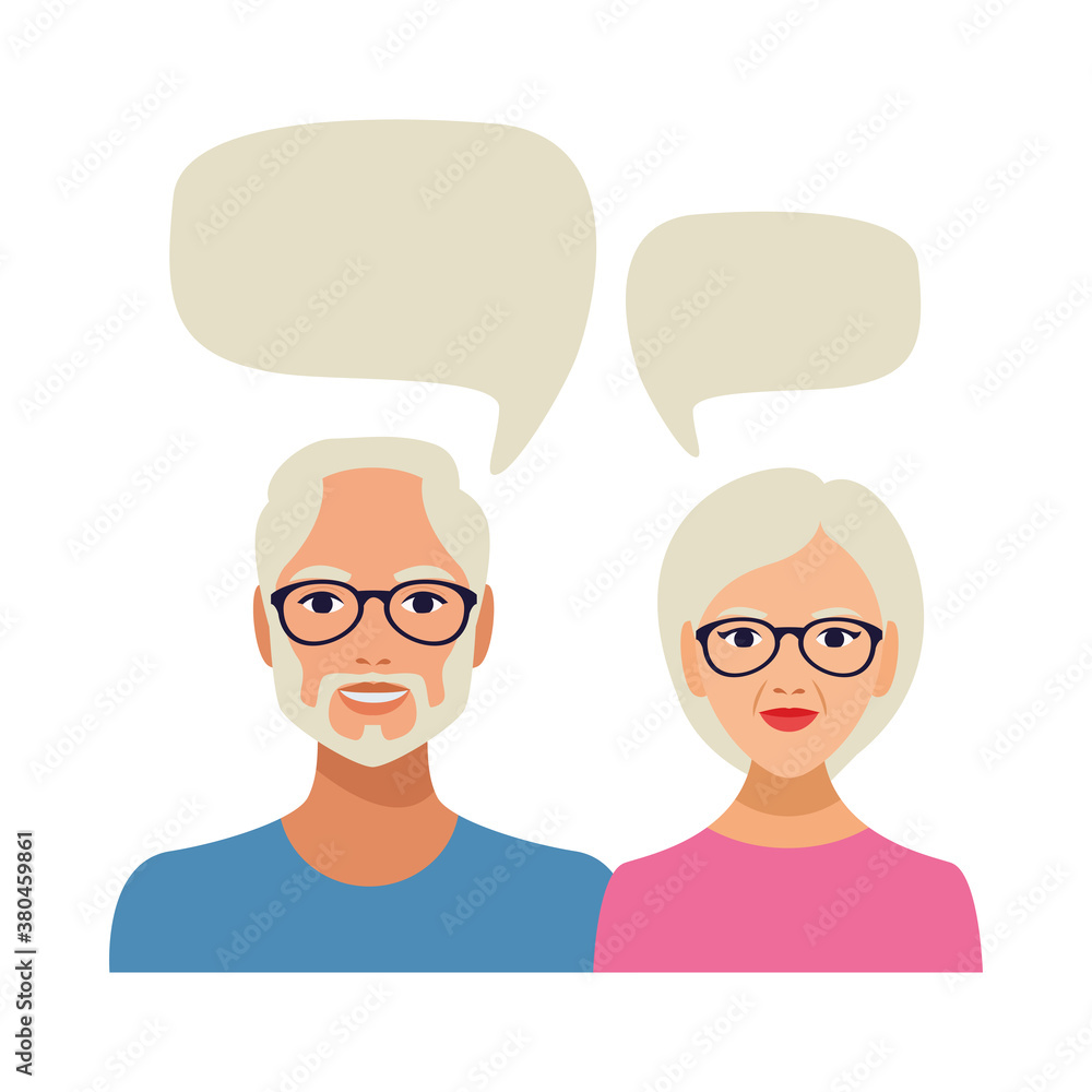 Poster old couple persons with speech bubbles characters