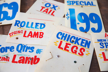 old signage and price tags from a butcher shop