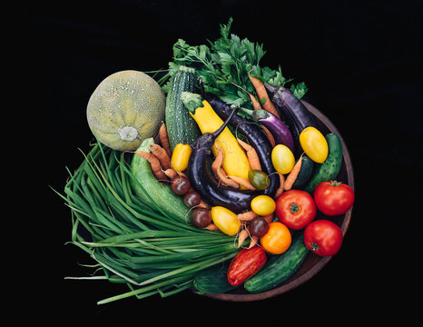 looking down at an abundance of fresh vegetables