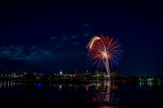 Harrisburg's 104th Kipona Festival 2020 - fireworks are set off from City Island. Here is a view of them and Riverfront Park from across the Susquehanna River. 