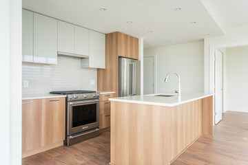 Modern, bright, clean empty kitchen interior with stainless steel appliances in a luxury house.