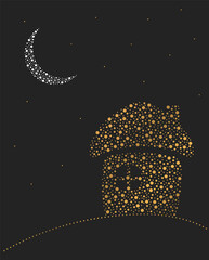 Golden little house drawn with dots on a black background. Vector illustration.